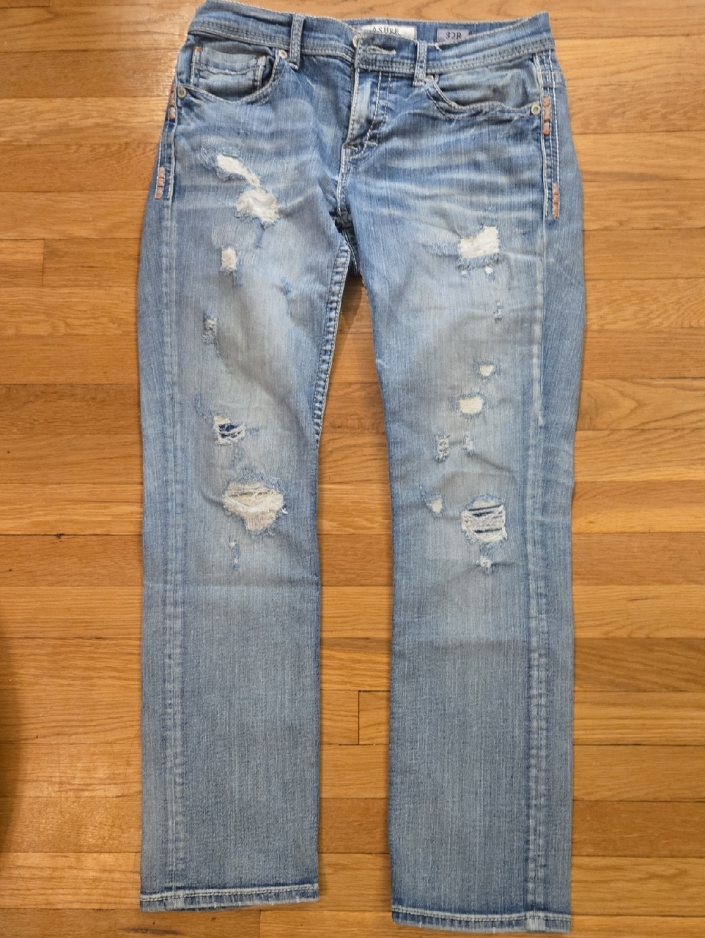 BKE Light Blue Distressed Straight-Leg Jeans 32R
